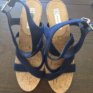 INC International Concepts Blue Cork Wedge Sandals with Ankle Strap